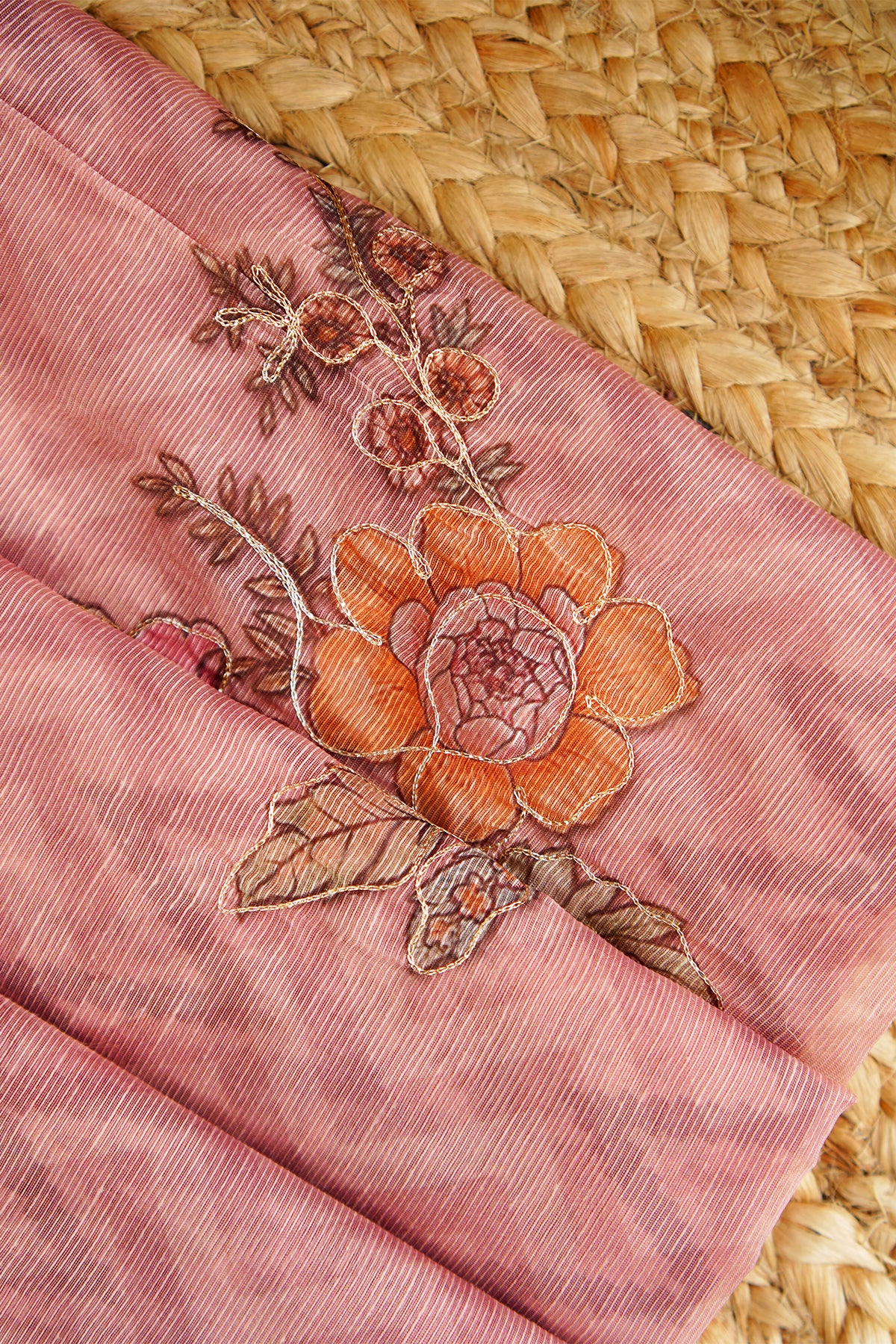 Blush Pink Bloom Aari Work Supernet Saree – SS038