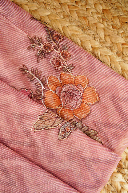 Blush Pink Bloom Aari Work Supernet Saree – SS038