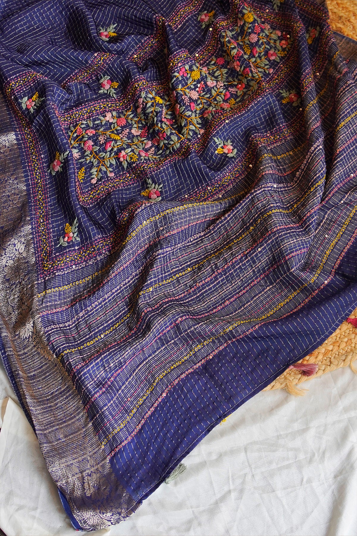 Midnight Blue Floral Crepe Saree