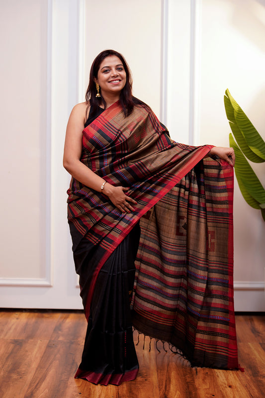 Black & Red Banana Stem Saree - SS050