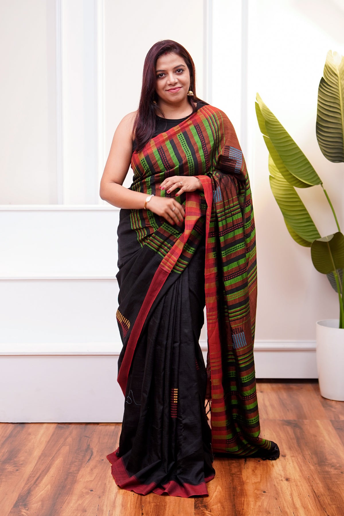 Black & Green Banana Stem Saree - SS056