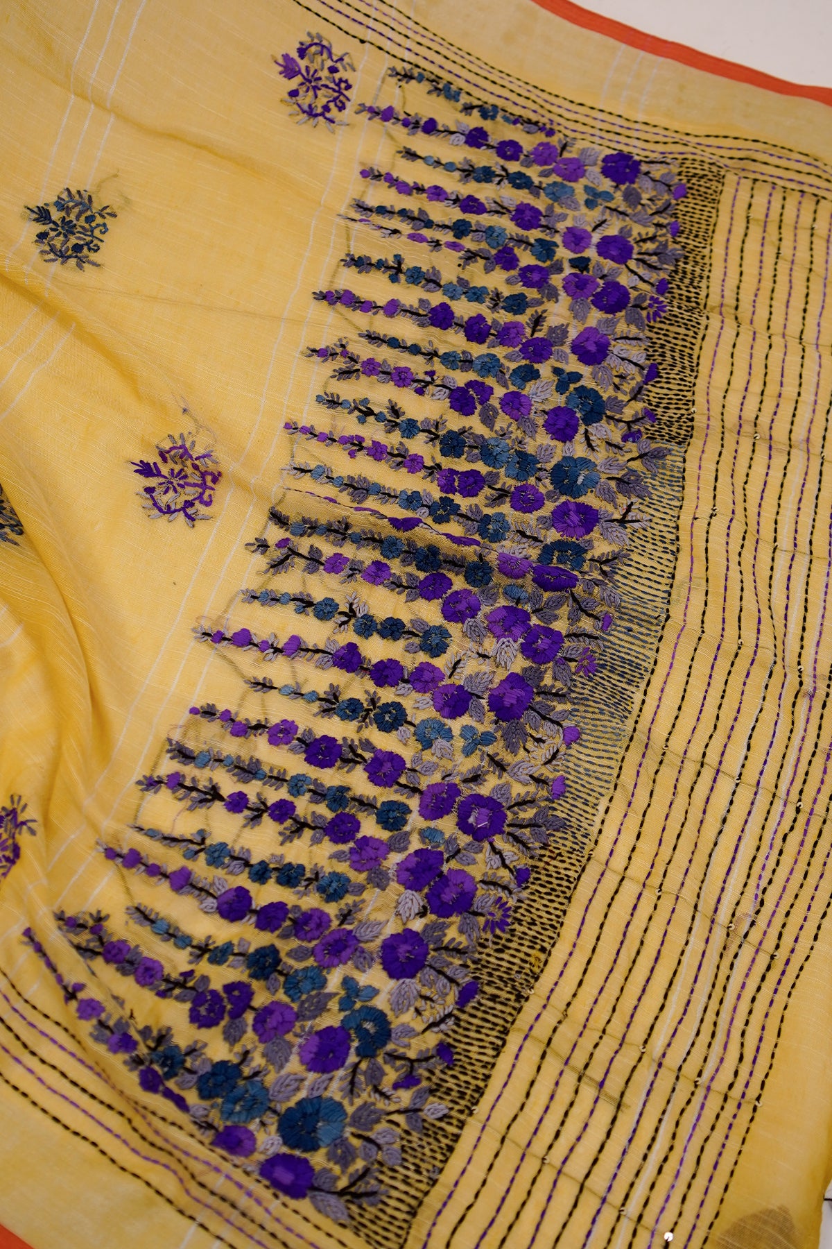Mustard Yellow & Coral French Knot Linen Saree - SS063