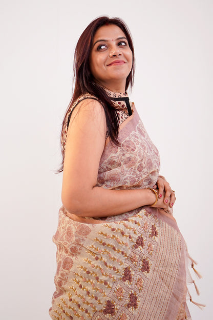 Blush Beige Floral Embroidered Tissue Linen Saree - SS069