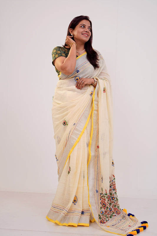 Ivory & Yellow French Knot Linen Saree - SS065