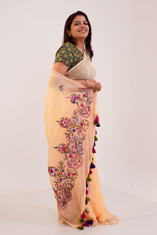 Peach & Multicolour French Knot Linen Saree - SS067