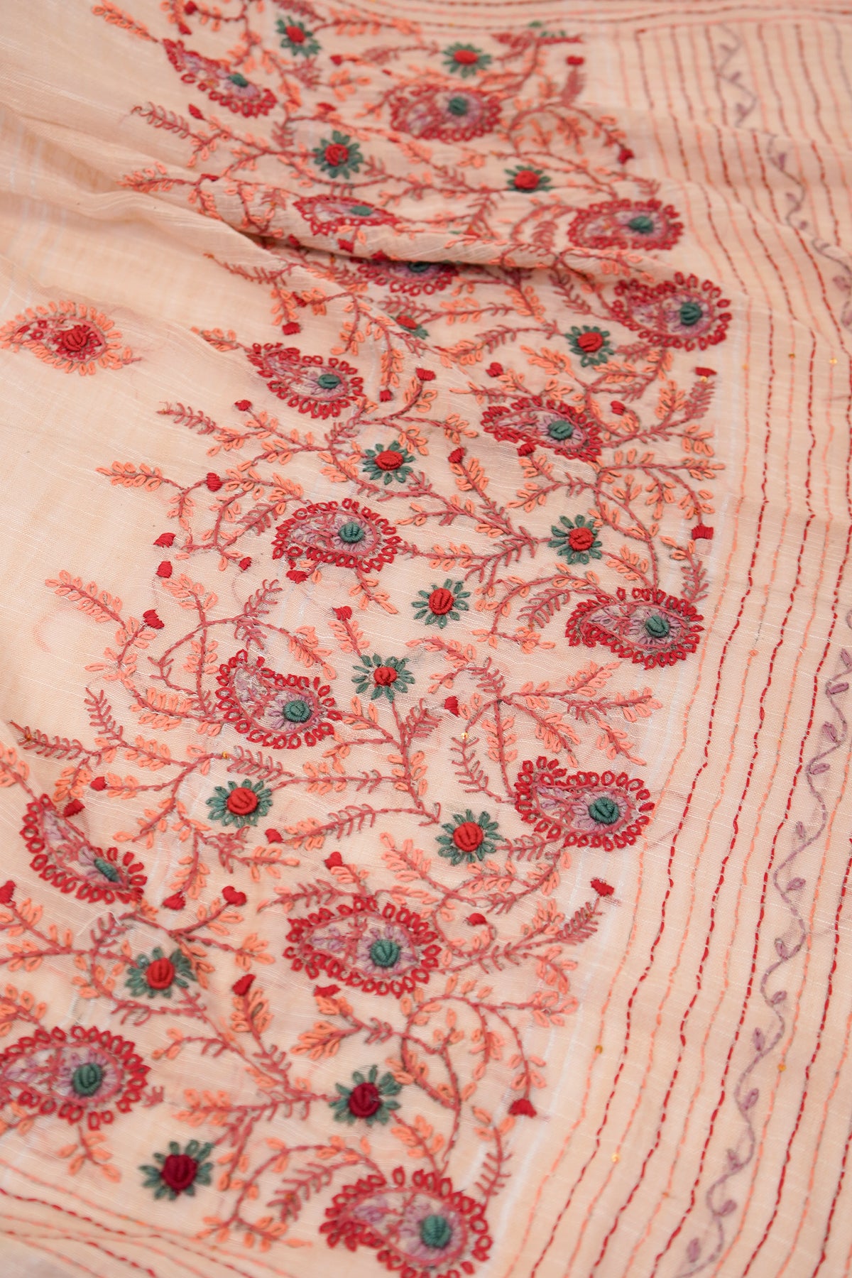 Ivory & Coral French Knot Cotton Linen Saree - SS064