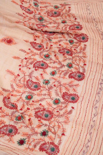 Ivory & Coral French Knot Cotton Linen Saree - SS064
