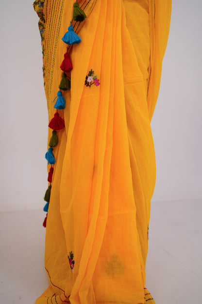 Sunshine Yellow Floral Embroidered Linen Saree - SS068