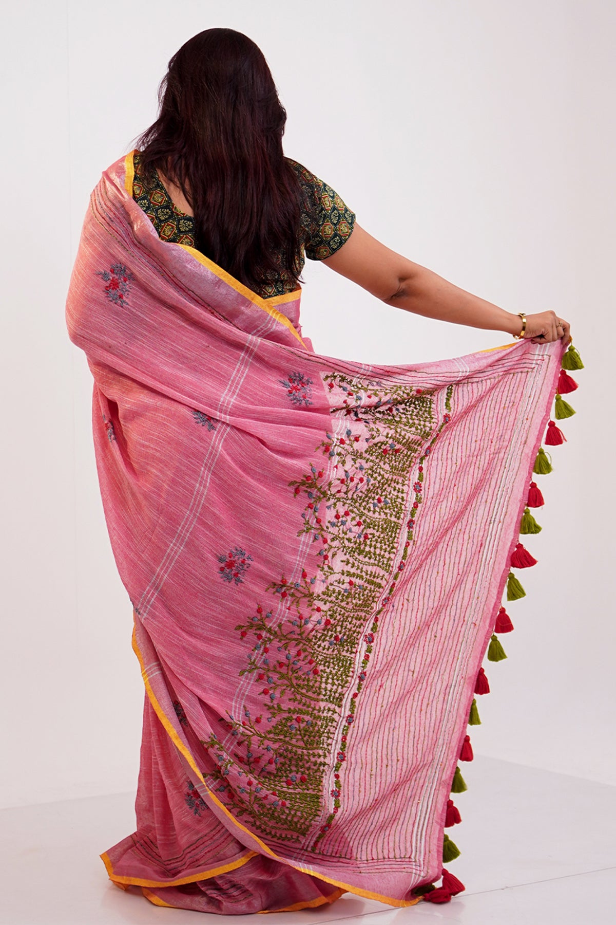 Gulabi Noor French Knot Cotton Linen Saree - SS048