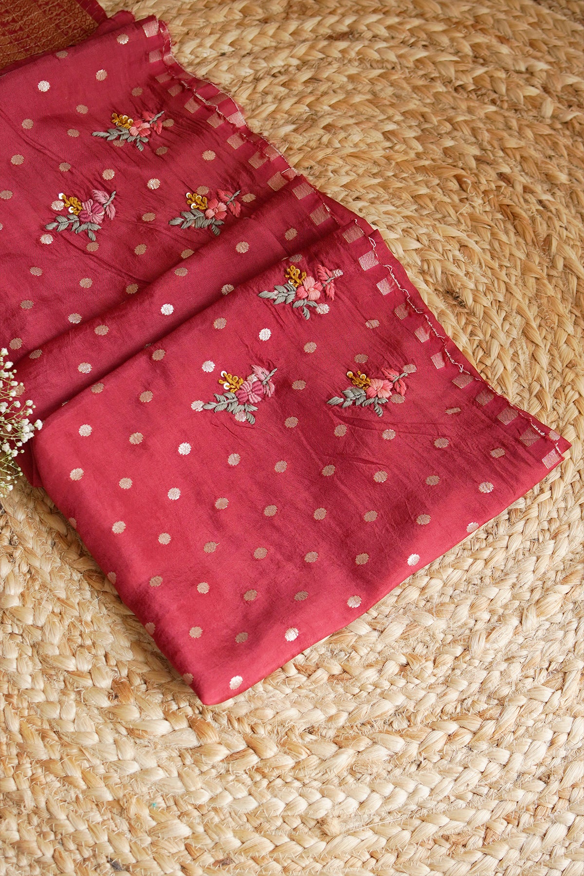 Crimson Bloom Embroidered Crepe Saree