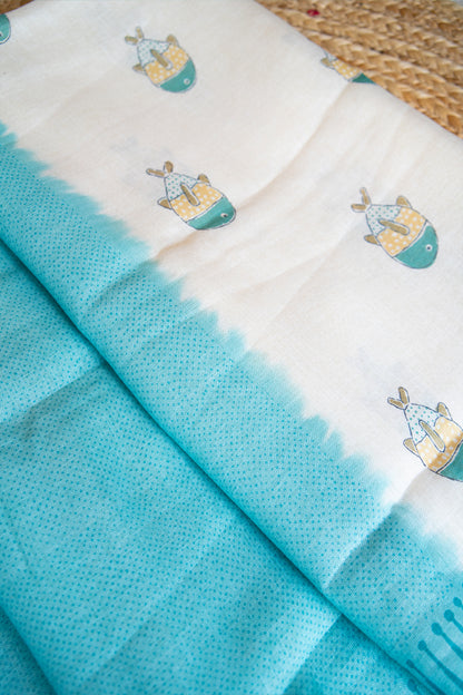 Aqua Koi Digital Print Linen Saree