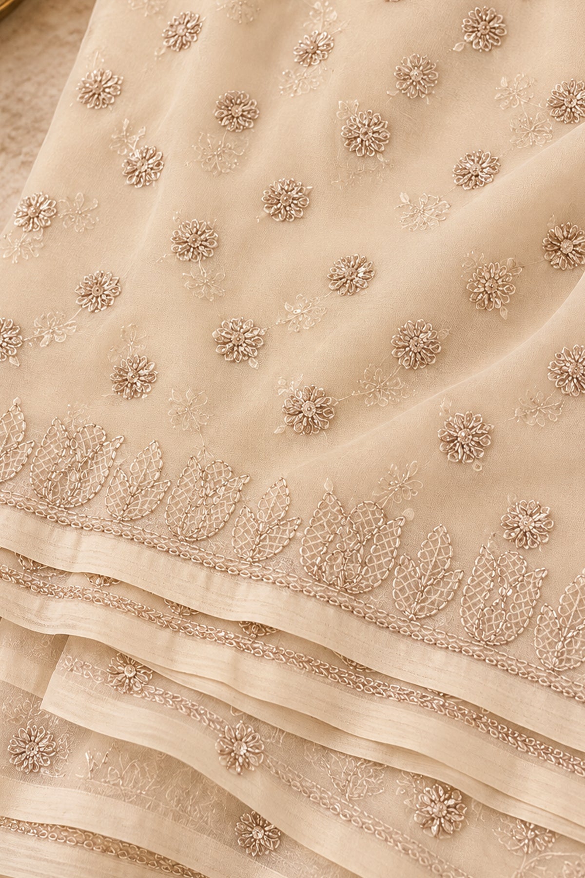 Ivory & Champagne Georgette Chikankari Saree - SS096