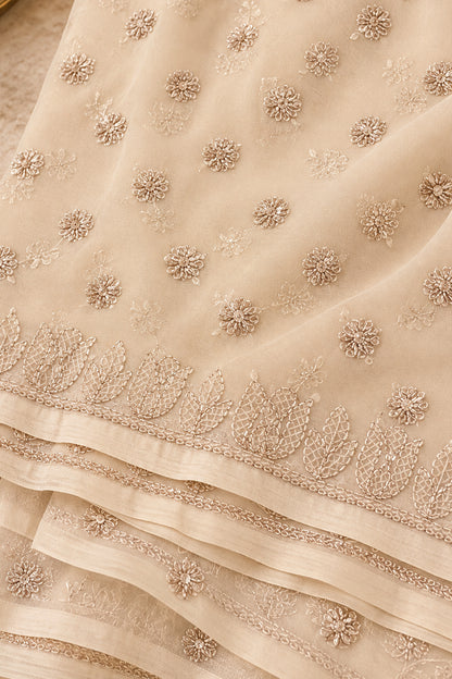 Ivory & Champagne Georgette Chikankari Saree - SS096