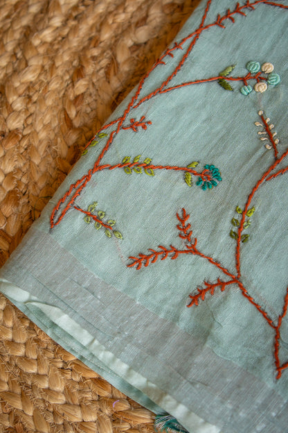 Ocean Vine Dual Tone Handcrafted Linen Saree
