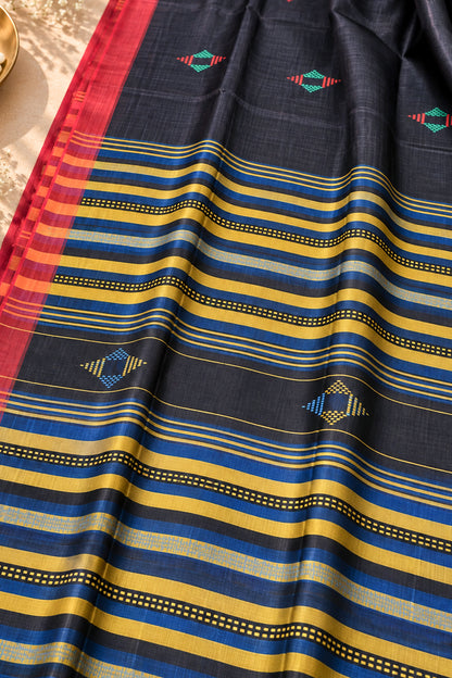 Navy Blue & Red Banana Stem Saree - SS091