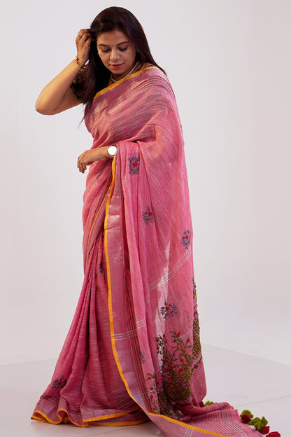Gulabi Noor French Knot Cotton Linen Saree - SS048