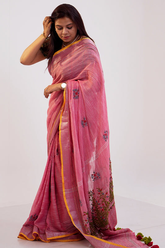 Gulabi Noor French Knot Cotton Linen Saree - SS048