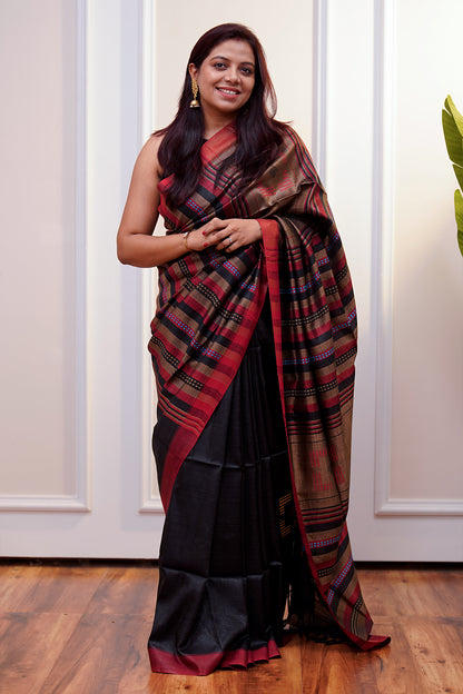 Black & Red Banana Stem Saree - SS050
