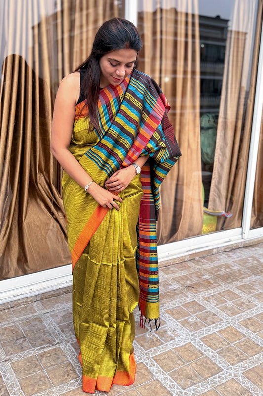 Olive Green & Multicolour Banana Stem Saree - SS059