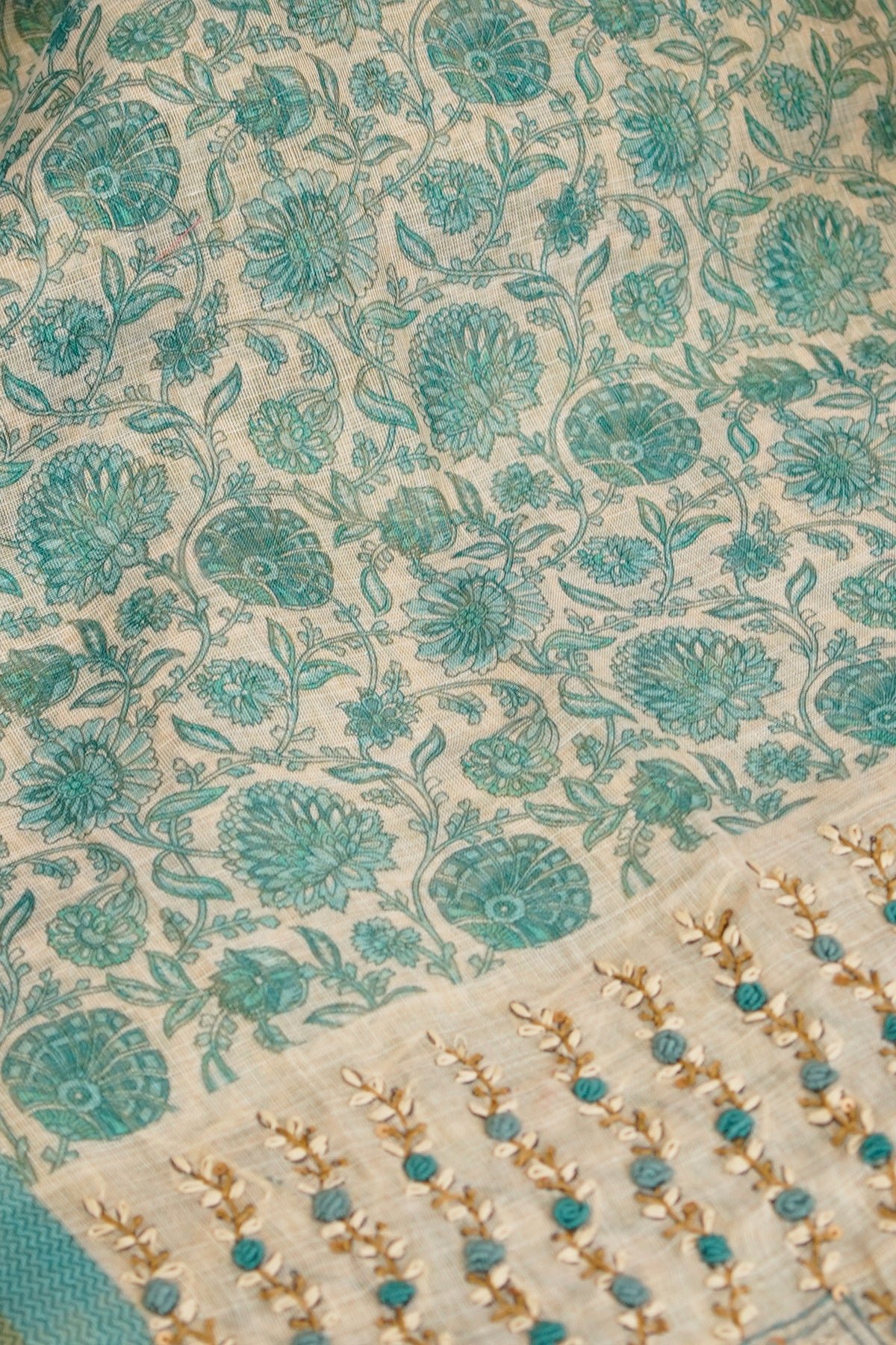 Aqua Bloom Embroidered Tissue Linen Saree – SS036