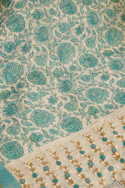 Aqua Bloom Embroidered Tissue Linen Saree – SS036