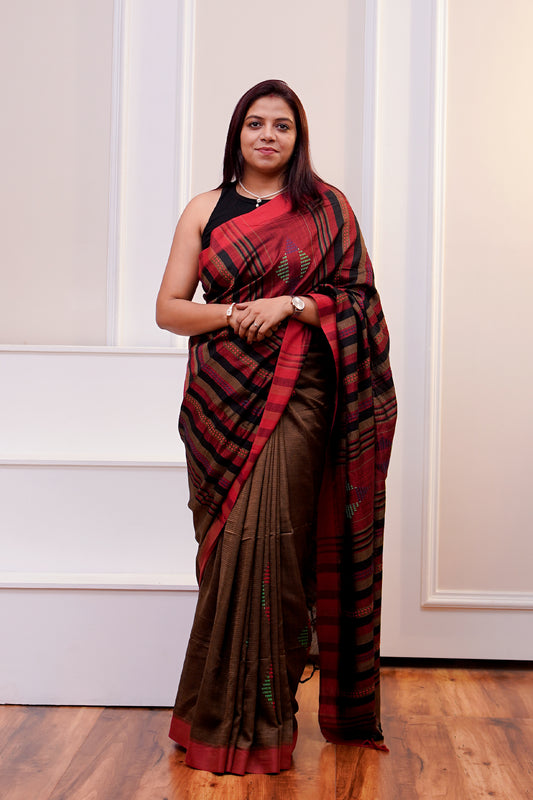 Chocolate Brown & Red Banana Stem Saree - SS055