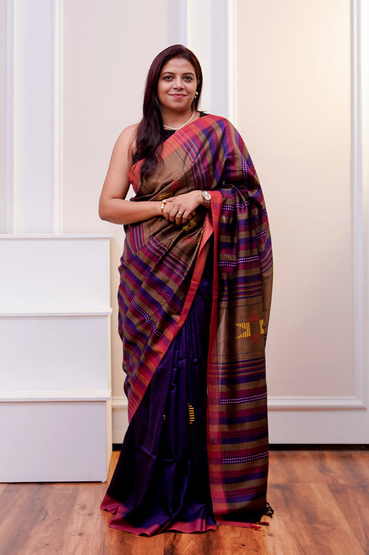 Plum Purple & Rust Banana Stem Saree - SS058