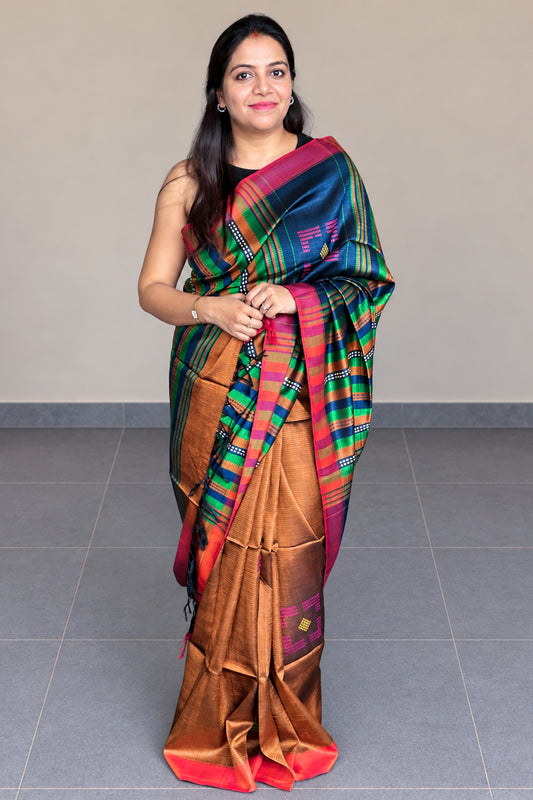 Rust & Teal Blue Banana Stem Saree - SS062