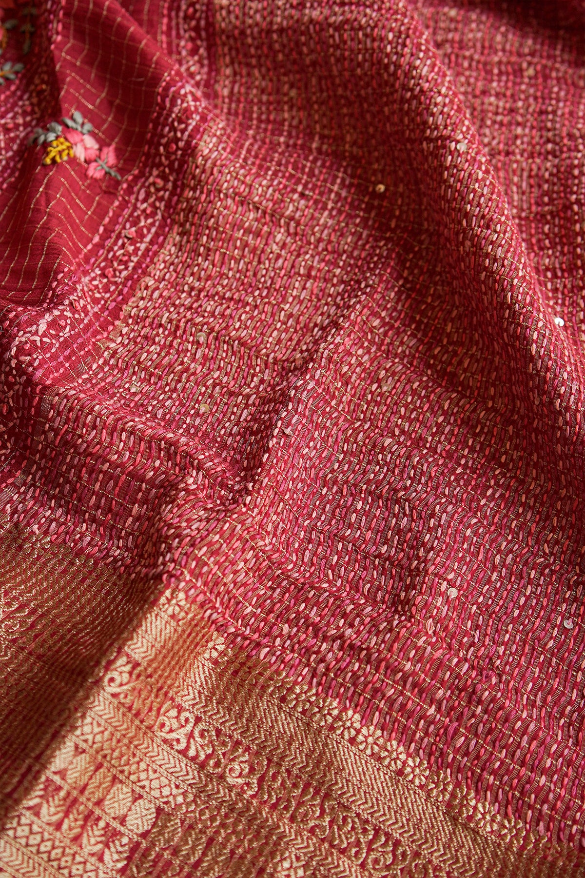 Crimson Bloom Embroidered Crepe Saree
