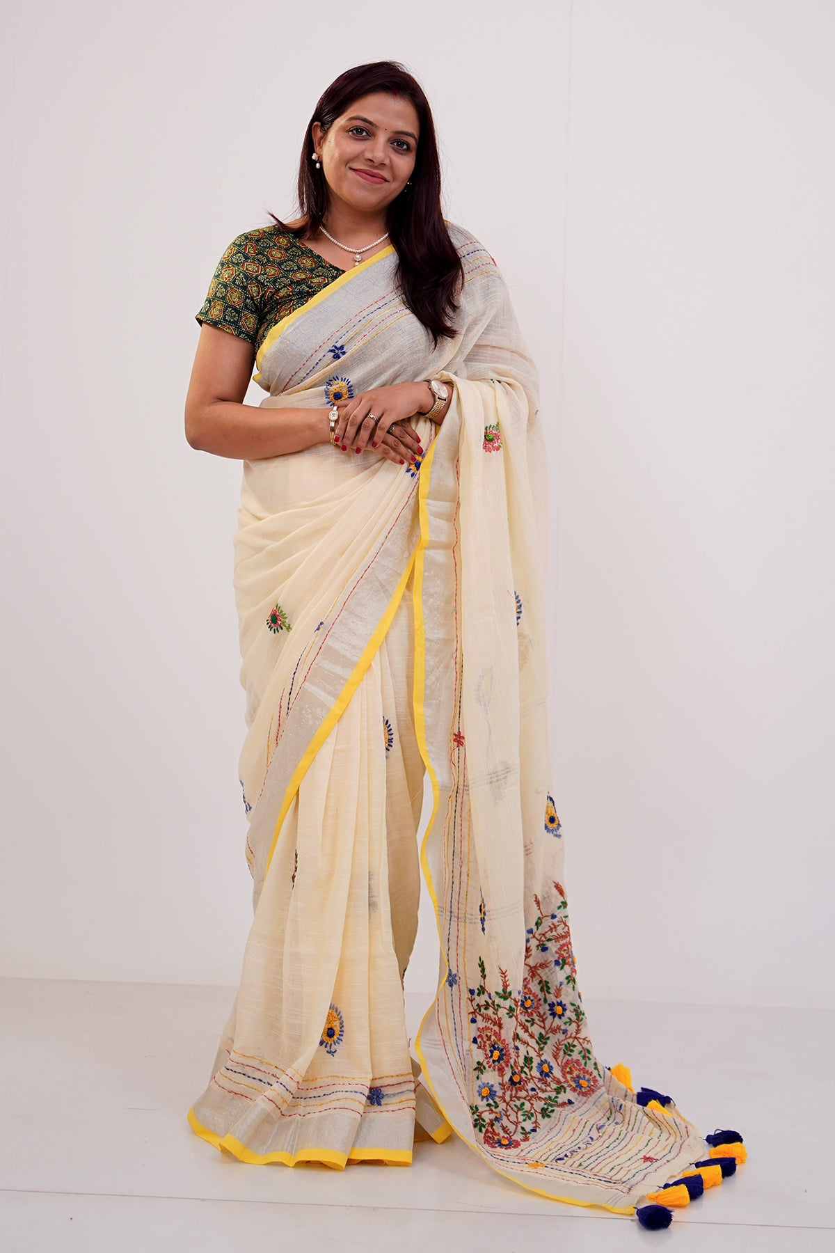 Ivory & Yellow French Knot Linen Saree - SS065