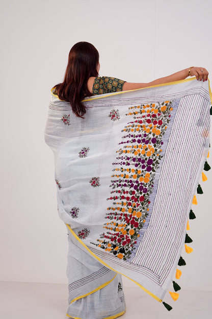 White & Multicolour French Knot Linen Saree - SS066