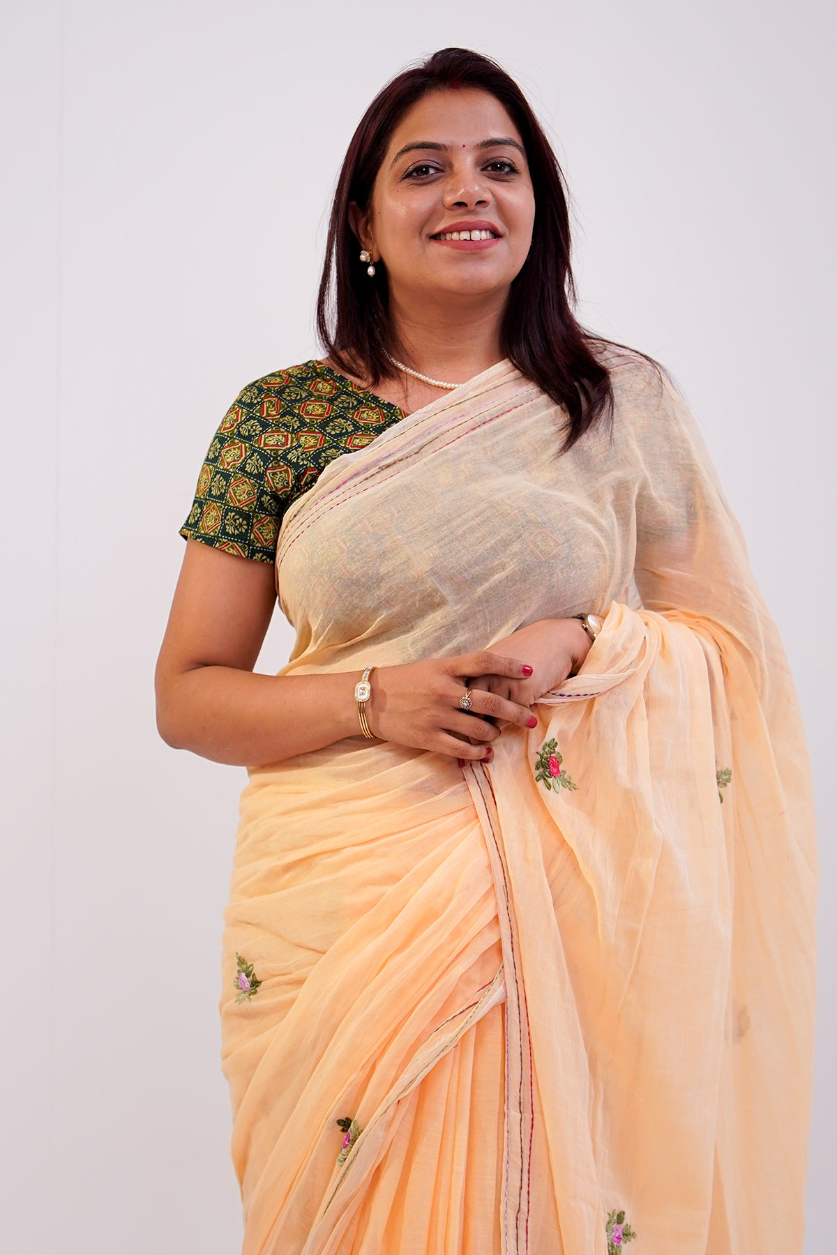 Peach & Multicolour French Knot Linen Saree - SS067