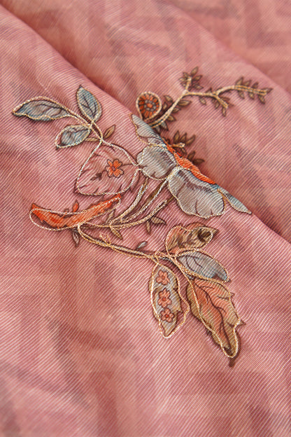 Blush Pink Bloom Aari Work Supernet Saree – SS038