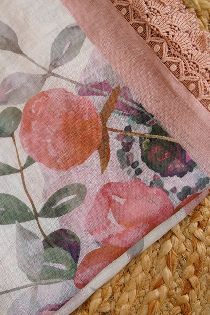 Blush Garden Digital Print Linen Saree with Imported Lace – SS039