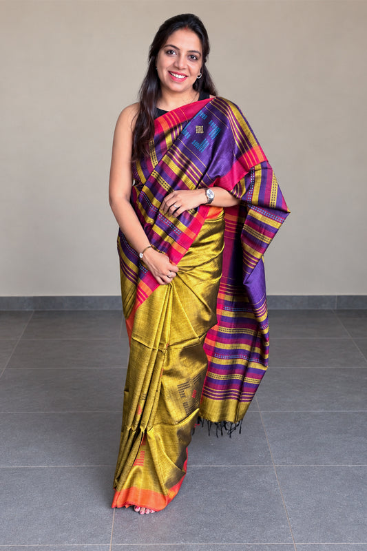 Mustard Yellow & Purple Banana Stem Saree - SS061