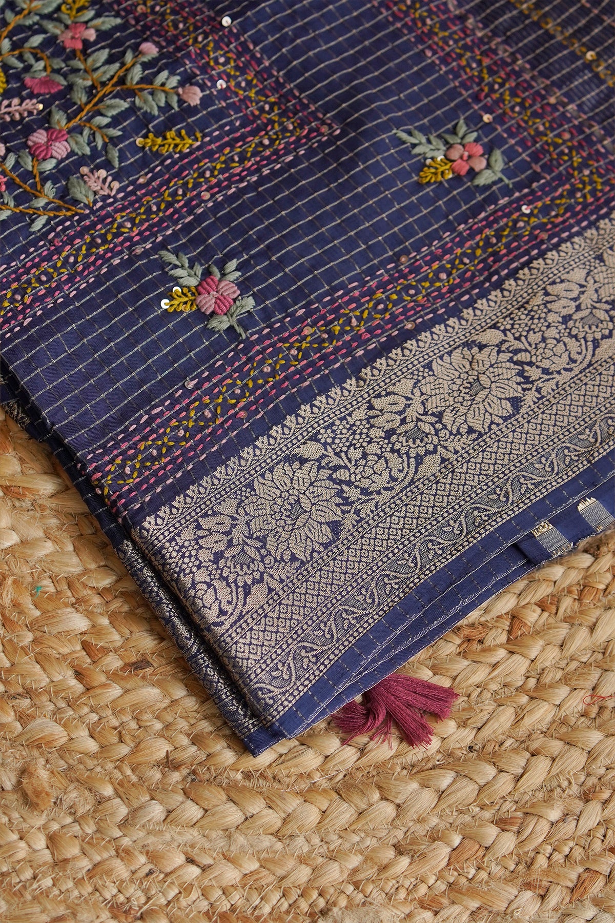 Midnight Blue Floral Crepe Saree