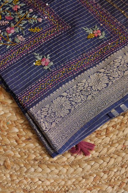 Midnight Blue Floral Crepe Saree