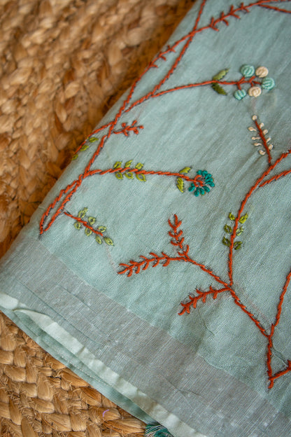 Ocean Vine Dual Tone Handcrafted Linen Saree