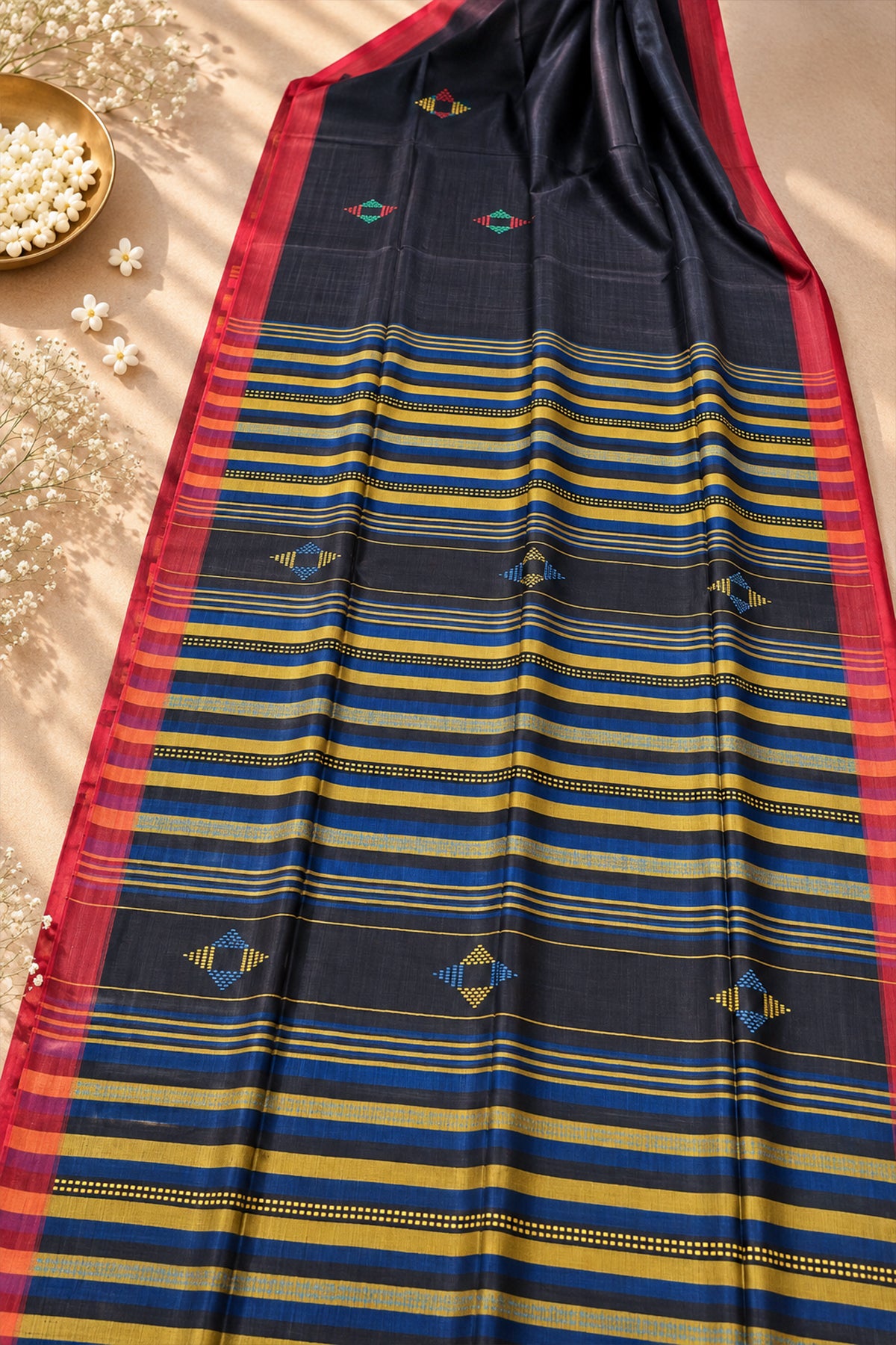 Navy Blue & Red Banana Stem Saree - SS091