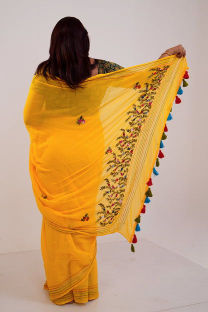 Sunshine Yellow Floral Embroidered Linen Saree - SS068