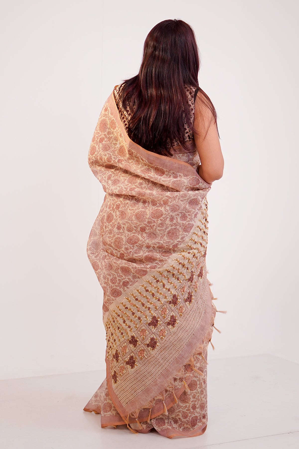 Blush Beige Floral Embroidered Tissue Linen Saree - SS069