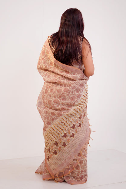 Blush Beige Floral Embroidered Tissue Linen Saree - SS069