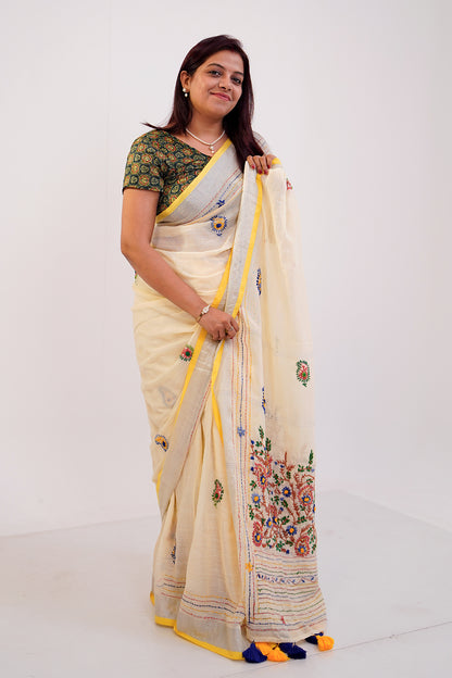 Ivory & Yellow French Knot Linen Saree - SS065