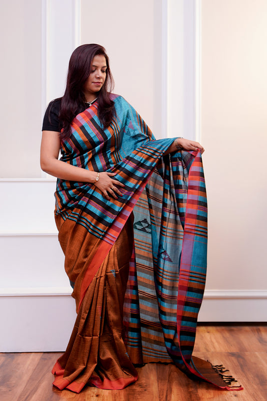 Rust & Teal Blue Banana Stem Saree - SS054