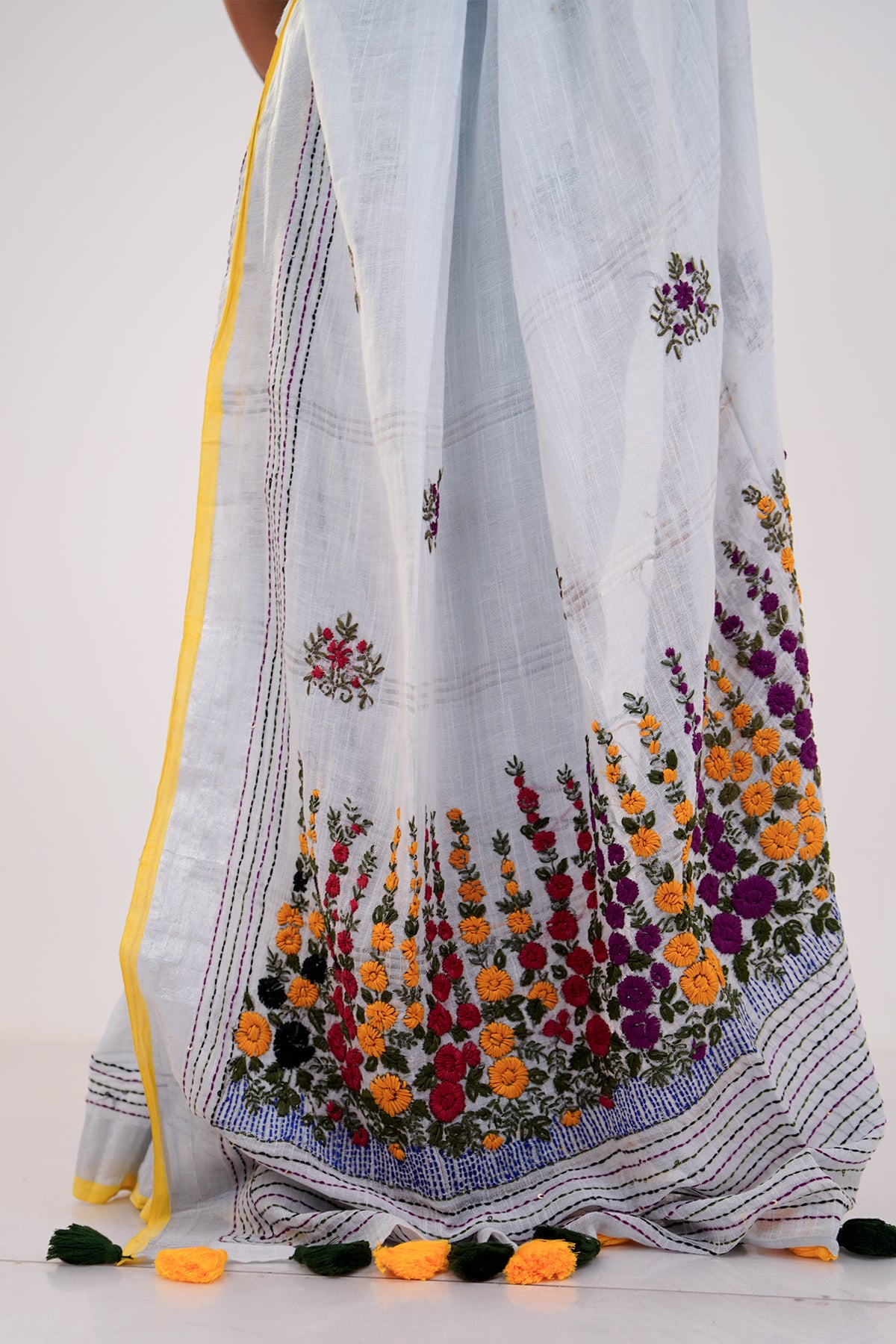 White & Multicolour French Knot Linen Saree - SS066