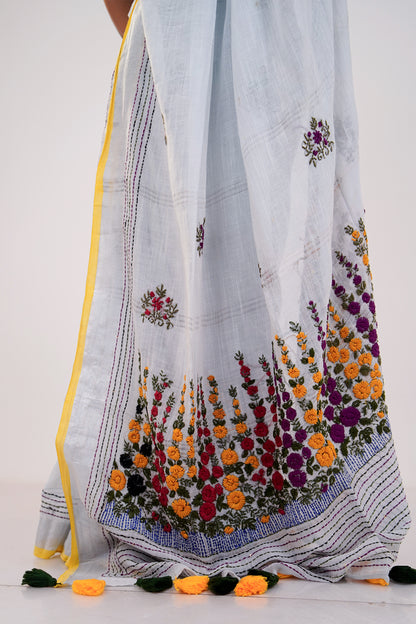 White & Multicolour French Knot Linen Saree - SS066