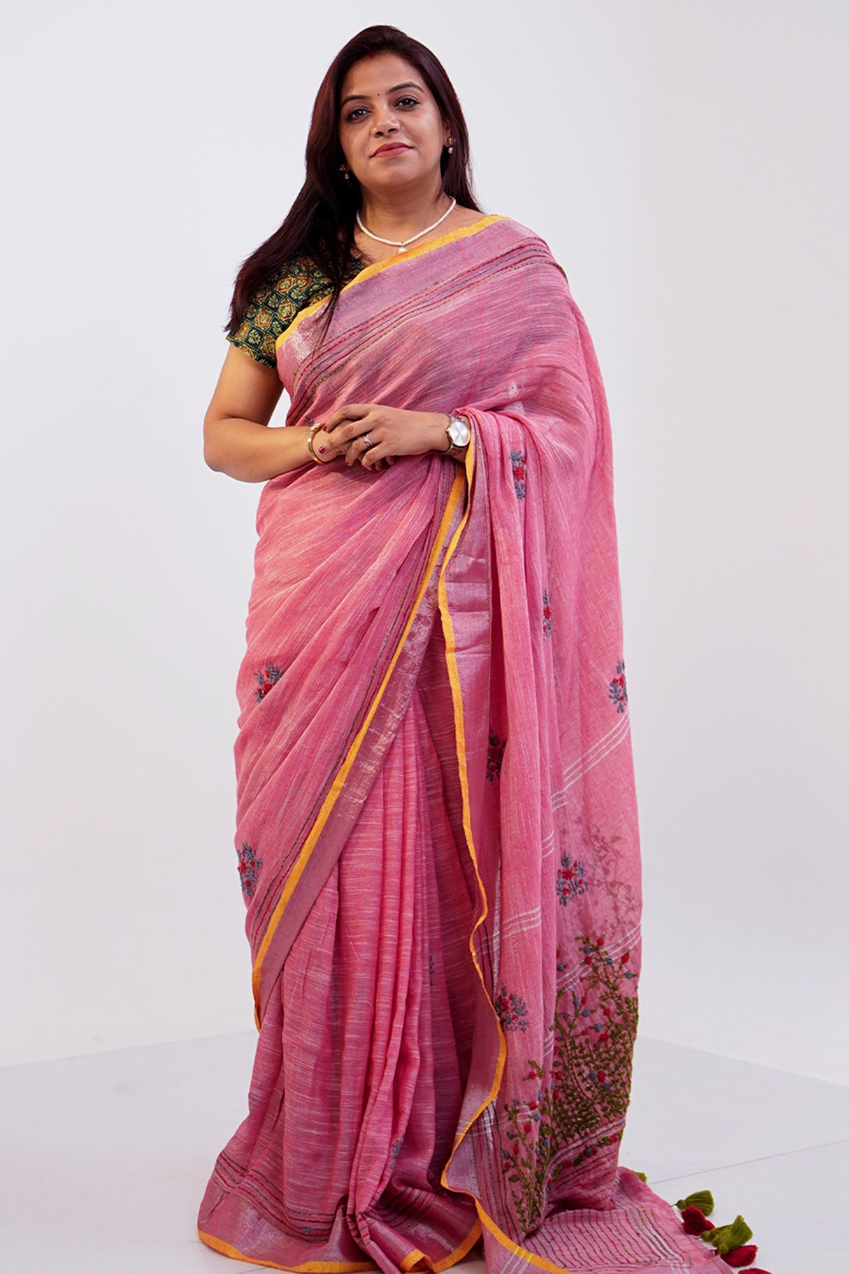 Gulabi Noor French Knot Cotton Linen Saree - SS048