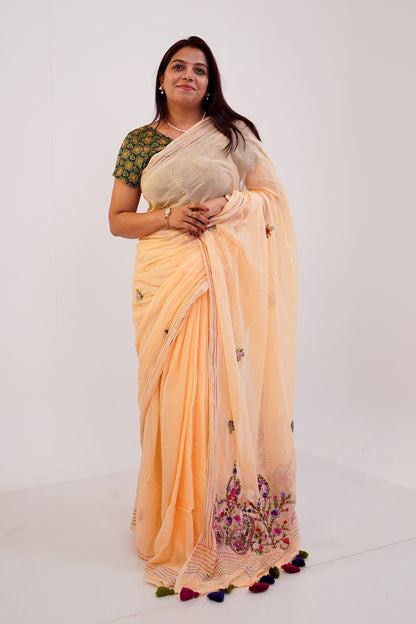 Peach & Multicolour French Knot Linen Saree - SS067