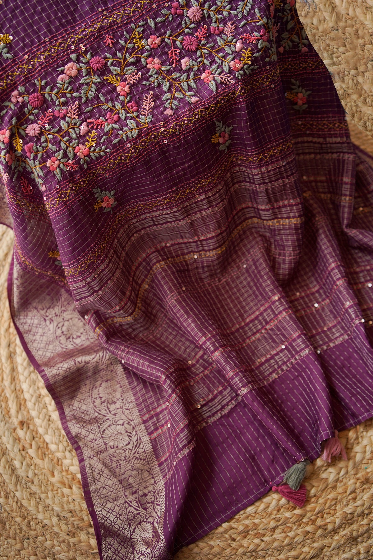 Midnight Plum Floral Crepe Saree