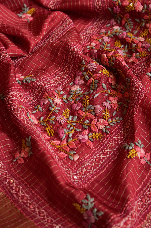 Crimson Bloom Embroidered Crepe Saree